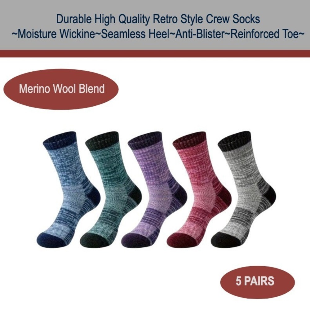 Durable High Quality‎ Retro Style Socks LARGE Blue Gray Anti-Slip Elastic 5 Pair